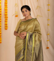 Dark Beige Handloom Silk Cotton Saree With Checks & Contrast Border-SC3885