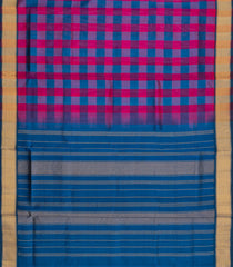 Pink & Blue Handloom Silk Cotton Saree With Checks & Zari Border-SC4623