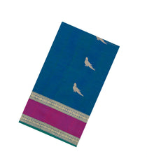 Blue Handloom Silk Cotton Saree With Parrot Buttas-SC4090