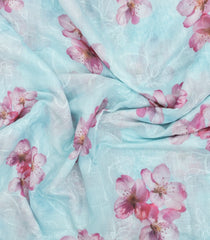 Turquoise Printed Synthetic Linen Saree With Floral Motifs-SY0219