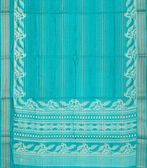 Turquoise Woven Synthetic Dola Saree With Stripes & Printed Bird Motifs-BL4498