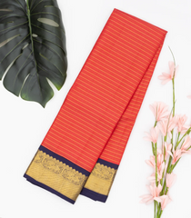 Red Handloom Kanchipuram Korvai Silk Saree With Zari Stripes