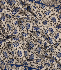 Taupe Woven Kalamkari Cotton Saree With Blue Printed Motifs-KAL1162