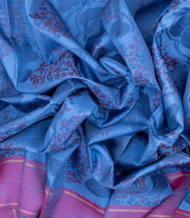 Blue Handloom Kanchipuram Silk Saree With Floral Motifs & Purple Border