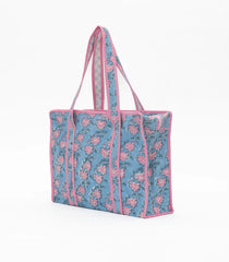 Light Blue Bagru Printed Handmade Cotton Quilted Tote Bag With Zipper-ACS1047
