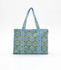 Green Bagru Printed Handmade Cotton Quilted Tote Bag With Zipper-ACS1042