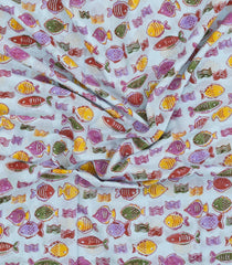 Off White Printed Jaipur Cotton Saree With Fish Motifs-JC1645
