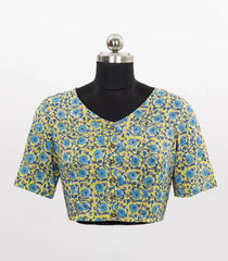 Yellow Floral Block Print Blouse With V Neck & Front Open-RB5226