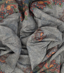Dark Grey Woven Art Chanderi Saree With Printed Bird Motifs-BL3943