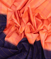 Peach Handloom Korvai Kanchipuram Silk Saree With Checks & Contrast Border-KA13366