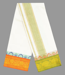 Cream 9 x 5 Cotton Dhoti With Olive Green And Red Floral Border-CD1502