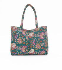 Cyan Handmade Tote Bag With Printed Motifs With Button (14"H X 17"W X 8"D)-ACS1053