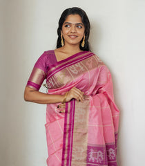 Baby Pink Woven Art Tussar Silk Saree With Printed Animal Motifs-BL3920