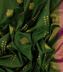 Dark Green Silk Saree With Zari Checks & Annam Buttas