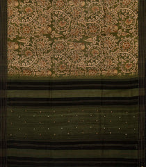 Dark Olive Handwoven Printed Tussar Silk Saree With Bird Motifs-Dark Olive