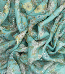 Aquamarine Woven Tussar Silk Saree With Printed Floral Motifs & Sequin Work-TU2892