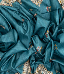 Cyan Handloom Tussar Silk Saree With Printed Tribal Motifs-TU2612