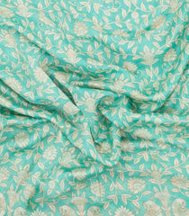 Aquamarine Printed Chanderi Cotton Saree With Peacock Motifs-CC1726
