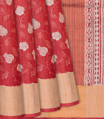 Peach Handloom Tussar Silk Saree With Printed Floral Motifs-Peach