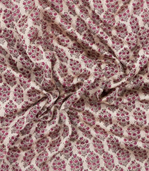 Cream Printed Chanderi Cotton Saree With Contrast Lilac Zari Border-CC1665