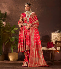 Red Woven Blended Satin Saree & Duppatta With Stone Work-EN1962