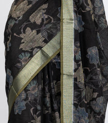 Black Woven Art Linen Saree With Printed Floral Motifs and olive Green Border-BL4675