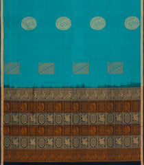 Turquoise Handloom Village Cotton Saree With Buttas-VC1670