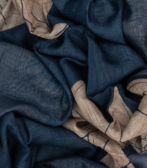 Navy Blue Woven Art Linen Saree With Printed Floral Motifs-BL3690