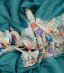 Cyan Woven Art Linen Saree With Printed Bird Motifs-BL3726