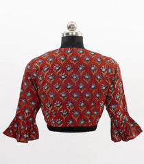 Maroon Printed Cotton Blouse With Floral Prints & Pleated Bell Cuffs-RB5223