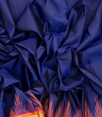 Dark Blue Handloom Kanchipuram Silk Saree With Zari Stripes & Temple Border-KA12447