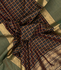 Dark Grey Handloom Silk Cotton Saree With Checks & Buttas-SC4557