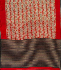 Beige Handwoven Printed Tussar Silk Saree With Bird Motifs and Contrast Red Border-Beige