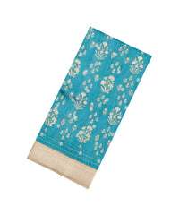 Cyan Printed Tussar Silk Saree With Floral Motifs-TU3609