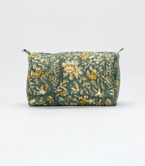Dark Green Cotton Bagru Printed Toiletry Bag With Zipper-ACS1079