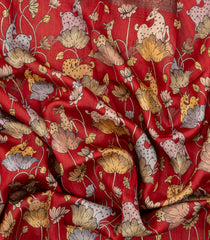 Red Handloom Tussar Silk Saree With Printed Deer Motifs-TU3217