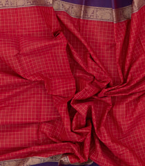 Red Handloom Kanchi Cotton Saree With Checks & Contrast Border-KC1558