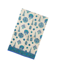 Taupe Printed Tussar Silk Saree With Cyan Floral Motifs & Contrast Border-TU3789