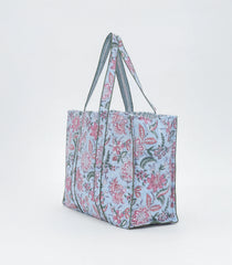 Light Blue Bagru Printed Handmade Cotton Quilted Tote Bag-ACS1039