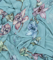 Turquoise Woven Synthetic Georgette Saree With Printed Floral Motifs-BL4218