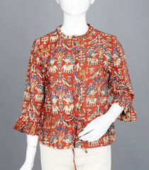 Rust Red Kalamkari Print Ruffled-Neck Top with Tie-Up-RB5239