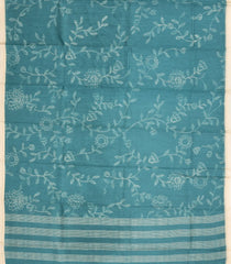 Cyan Woven Tussar Silk Saree With Printed Floral Motifs-TU3077