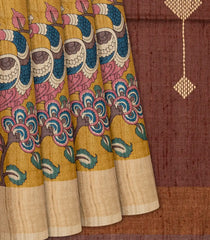 Mustard Handloom Tussar Silk Saree With Printed Peacock Motifs-Mustard