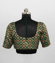 Green Blended Silk Banarasi Brocade Readymade Saree Blouse with Floral Motifs   -RB5286