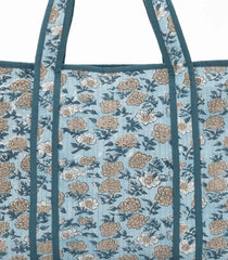 Light Blue Bagru Printed Handmade Cotton Quilted Tote Bag With Zipper-ACS1043