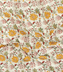 Off White Printed Jaipur Cotton Saree With Floral Motifs-JC1887