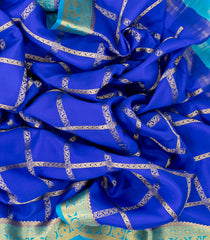 Blue Woven Mysore Crepe 9 Yards Silk Saree With Pure Zari Checks & Contrast Border-MS3194