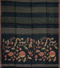 Black Printed Tussar Silk Saree With Stripes & Printed Pallu-TU3648