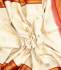 Off White Handloom Korvai Kanchipuram Silk Saree With Stripes & Buttas-KA12960