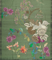Sage Green Printed Art Dupion Saree With Bird Motifs-BL6138